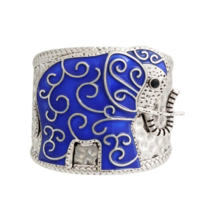Burnished Silver Textured Blue Epoxy Elephant with Swirl Design Cuff Bracelet - £30.28 GBP