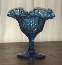 Candy Dish,  Blue Glass  Diamond Pattern,  Ruffled Edge, Pedestal,  5.5”H  4.5”W - £17.51 GBP