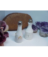 Victorian Pair Vintage Milk Glass Salt &amp; Pepper Shakers Metal Lids 3&quot; Em... - $12.86
