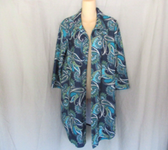 Slinky Brand duster cardigan jacket Med blue green paisley 3/4 sleeves unlined - £11.72 GBP