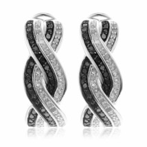 1.00 Cts Noir &amp; Blanc Zircone Croix Créole Earrings IN 925 Argent Sterling - £104.95 GBP