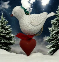 Vintage White Dove Christmas Tree Ornament Hanging Red Heart Bird Peace - $13.89