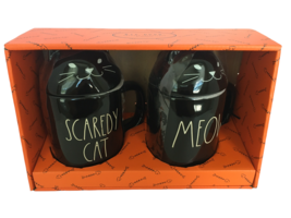 Rae Dunn Halloween Black Cat Coffee Mugs w/ Lids Scaredy Cat and Meow Set Topper - £31.44 GBP