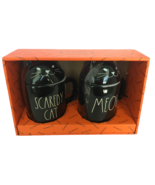 Rae Dunn Halloween Black Cat Coffee Mugs w/ Lids Scaredy Cat and Meow Se... - £31.89 GBP
