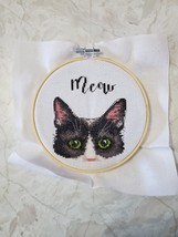 Counted Cross Stitch Meow, Cat Green Eyes Black &amp; White Face - $9.95