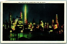 Night View of Skyline Of Lower New York City NY NYC Linen Postcard F13 - £2.28 GBP