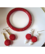 Carved Cinnabar Bangle Bracelet &amp; Hook Earrings - $75.54 CAD