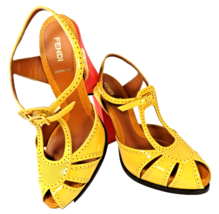 FENDI Chameleon Bicolor Sandals Yellow Patent &amp; Orange Block Heel Size 39.5 - £189.28 GBP