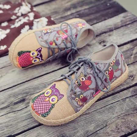 Veowalk Vintage Women Shoes Thai Cotton Linen Canvas Owl Embroidered Cloth Singl - £55.19 GBP