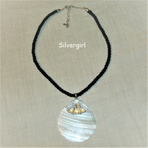 Fun Vintage Mother of Pearl Shell Disc Silverplate/tone Cord Necklace - £14.16 GBP