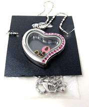 Tilted Heart Floating Necklace Pink Rhinestones Locket Silver Chain 18&quot; Lock Key - £25.68 GBP