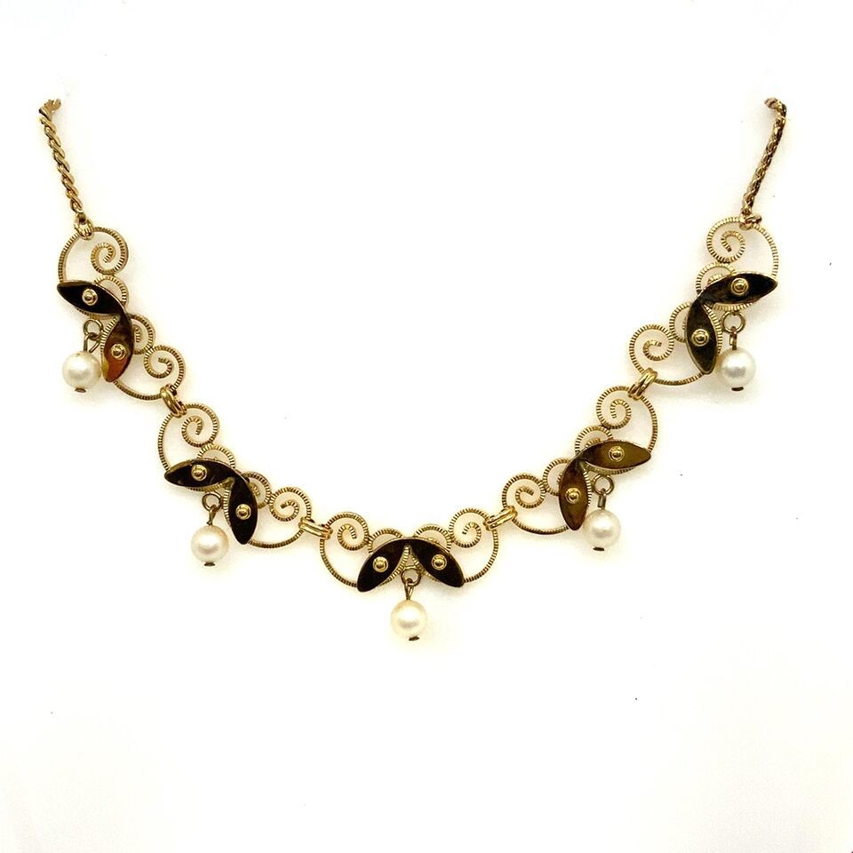 Primary image for Vintage 12k Gold Filled Van Dell Art Deco Pearl Filigree Link Chain Necklace 16