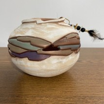 Steven Kaye Pottery Designs Southwest Painted Clay Pot Signed feather and beads - £11.74 GBP