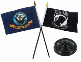Navy Ship Logo W/ Pow Mia Prisoner Of War Flag 4&quot;X6&quot; Desk Set Table Black Base - £14.38 GBP