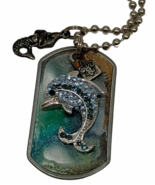 Kate Mesta Crystal DOLPHIN Mermaid Dog Tag Necklace  Art to Wear New - £19.42 GBP