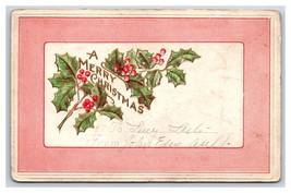 Merry Christmas Holly Berries Pink Border Embossed DB Postcard Y9 - £2.94 GBP