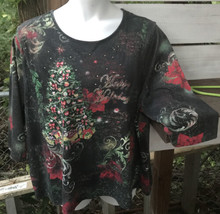Vintage IB Diffusion Plus Wm. 3x Top Christmas Tree Poinsettias knit Shi... - $19.58