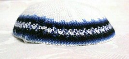 yamaka Kippah Knit Crochet White Black Blue Band Jewish Cap - $8.87