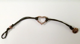 Corded Brown Bracelet Open Heart Center with Rhinestones Signed R 8&quot;  - £4.69 GBP