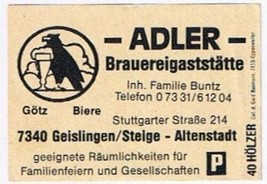 Matchbox Label Germany Adler Brauereigaststatte Altenstadt - £0.75 GBP