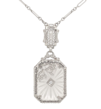 14k Gold Genuine Natural Rock Crystal Quartz Deco Filigree Necklace (#J6881) - £506.50 GBP