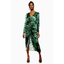 Topshop Green Zebra Satin Midi Dress Ruched Puff Sleeve Front Slit Sz 8 Us New - $95.20