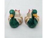 (2) Enesco Trinket Holder Green Ceramic Ducks Orange Bill Made In Japan  - $23.75