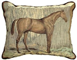 Throw Pillow Petit Point Horse 16x20 20x16 Beige Cotton Velvet Back Wool Poly - £265.04 GBP