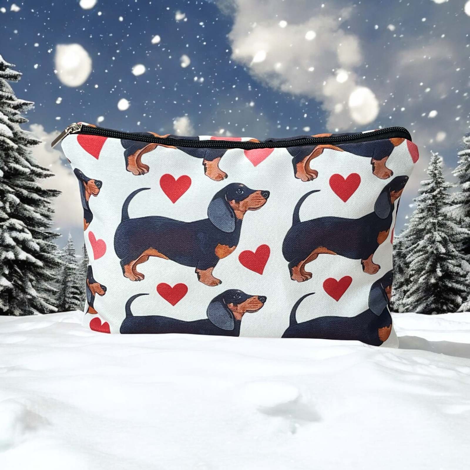 Dachshund Doxie and Hearts Print Cosmetic Bag: Polyester with Zipper Closure - V