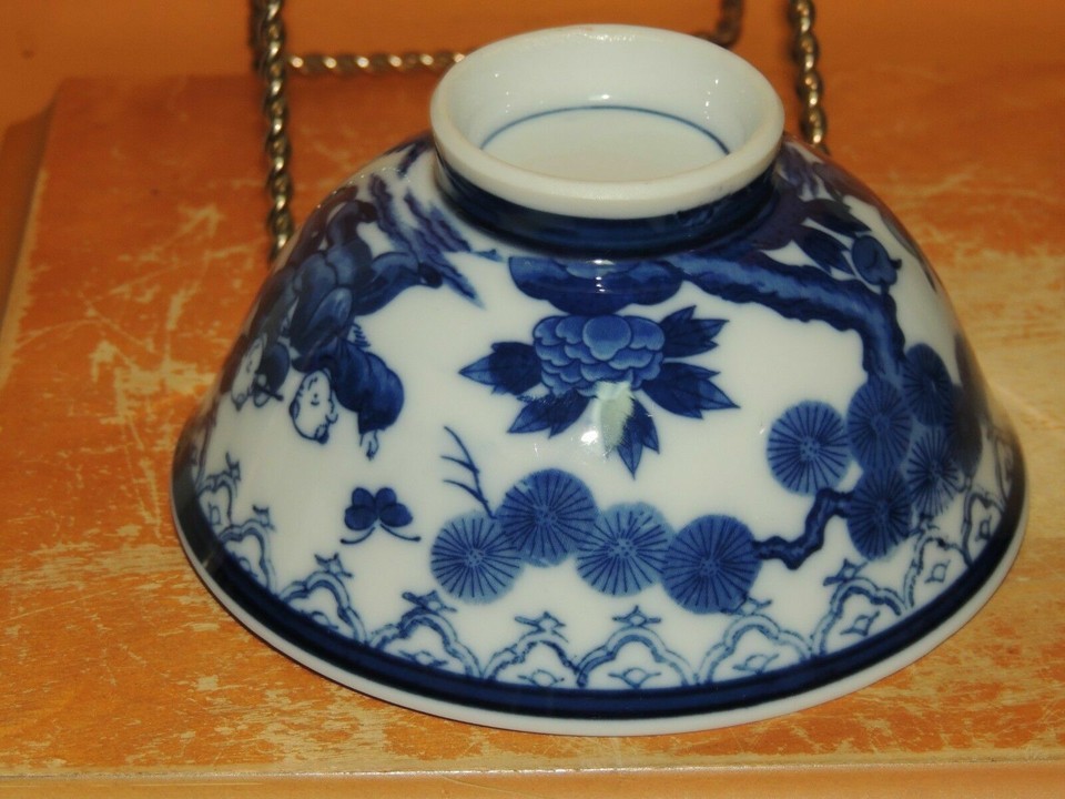 Porcelain Bowl 4.5" White w Cobalt dark Blue boys chasing butterflies Ja ID: 492 Item image 3