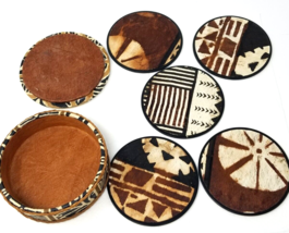 1970s Faux Animal Hide Coasters Black White Wood Cork Set of 4 In Case - £23.22 GBP