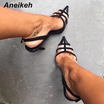 Aneikeh Summer Women Shoes Sandals Ankle-Wrap Flock Mature Shallow Thin Heels Bu - £37.67 GBP