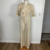 Edwardian Tea Dress Beige Floral Lace Mesh Netting Short-Sleeve Empire W... - $197.99