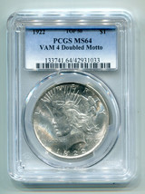 1922 Hot 50 Vam 4 Doubled Motto Peace Silver Dollar Pcgs MS64 Nice Original Coin - $255.00