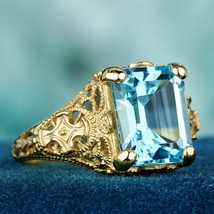 Natural Emerald Cut Blue Topaz Vintage Style Filigree Ring in Solid 9K Gold - £434.54 GBP