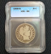 1908-D Barber Silver Half Dollar 50¢ ICG Certified G06 - Good Condition - £29.42 GBP