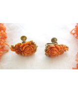 VINTAGE PAIR ROSE MOTIF FAUX CORAL EARRINGS - SCREW BACKS - £11.10 GBP