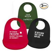 Bib 3-Pack Silicone for Baby with Funny Sayings. Set Includes Feeding Spoon - £14.99 GBP