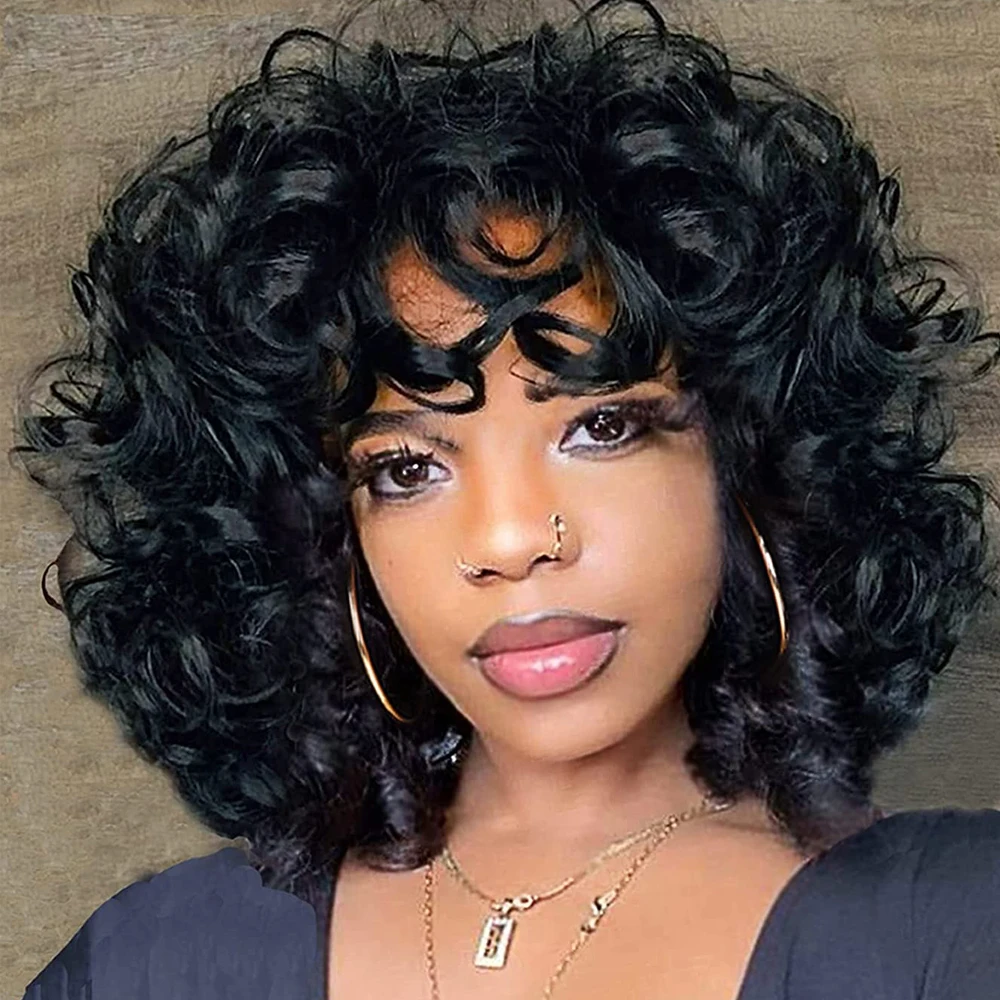 Bouncy Curly Human Hair Wig With Bangs Pixie Cut Bob Wigs Romance Curl Hum - £39.41 GBP+