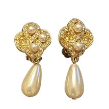 Vintage 24k Gold Plate dangle Pearl Drop Clip On Earrings w/Crystals - £24.74 GBP
