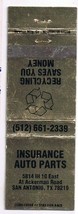 Matchbook Cover Insurance Auto Parts San Antonio Texas - $4.13 CAD