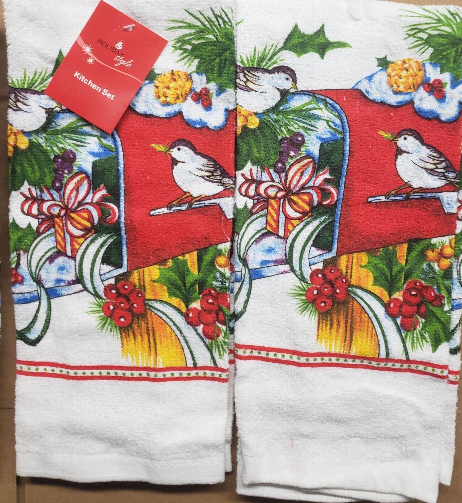Primary image for Set of 2 Same Printed Kitchen Terry Towels(15"x25")CHRISTMAS BIRDS,Holiday Style