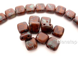 25 6x6x3mm CzechMates Two Hole Tile Beads: Amber - Picasso - $3.19