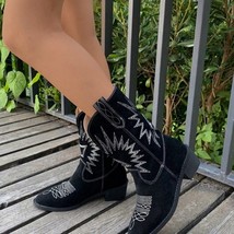 New Embroidery Botas Mujer Faux Leather Cowboy Ankle Boots for Women Wedge High  - £40.23 GBP