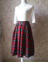 Autumn RED Plaid Skirt Outfit Women Plus Size Pleated Midi Skirt Outfit image 2