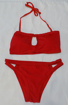 New Red 2-PIECE Bikini Swimsuit Junior L Padded Cups Halter Tie Cutouts XS/S - £2.28 GBP