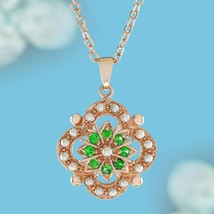 Natural Pearl Tsavorite Vintage Style Pendant in Solid 9K Rose Gold - £430.72 GBP