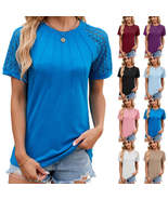 Solid Color Round Neck Top Women&#39;s Lace Hollow Design Short Sleeve T-Shi... - £7.80 GBP+