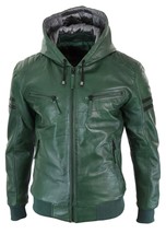 Men Leather Jacket Hood Hooded Mens Bomber Real Green Biker Motorcycle Coat 1 - £97.93 GBP