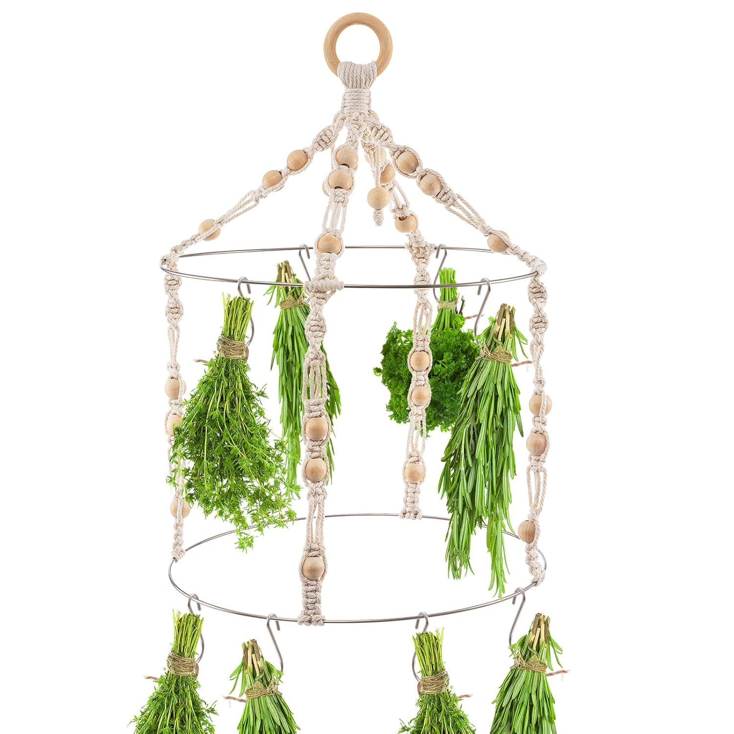 Boho Herb Drying Rack Double- Macrame Flower Drying Rack With 15 Hooks Handcraft